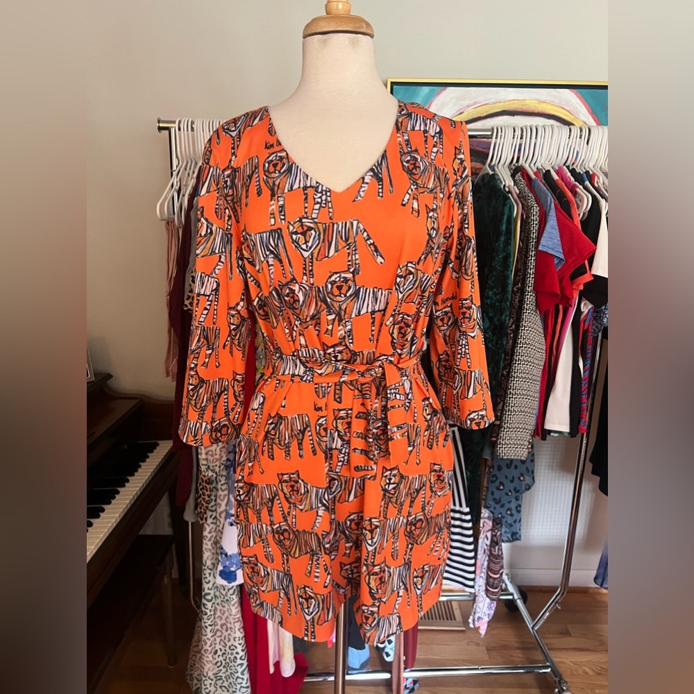 Tiger print dress with belt by Kim Hassold, Size Small
